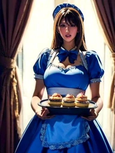  cute smile。Animation of a woman in a blue dress holding a tray of cakes, (   waitress   )  girl, Favorite character , change in dress, change, Gyro Zeppeli, anime  girl in a maid costume,   Alice in Wonderland  , Maid uniform,  Long dress with apron , Fro...