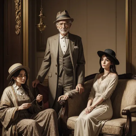 an old man in a hat, in elegant clothes, sits in the middle, on an ornate armchair, 2 young women, stand, naked, around