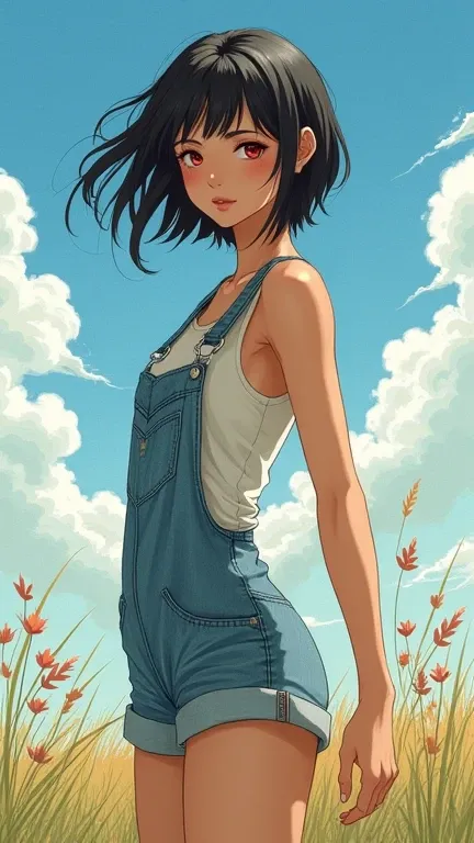 young woman　black hair　short hair　red eyes　irreverent face　look down　Slim body　Thin thighs　small breasts　little ass　toned body　blue sky　cloud　hair blowing in the wind　high quality　high resolution　8K　watercolor　Natural feeling　bridge of the nose　((最high qua...