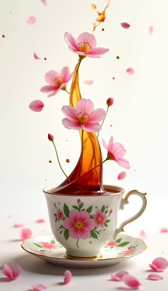  A white porcelain teacup with delicate pink and green flowers on its body and handle rests on a white saucer.  The dark brown liquid of the tea splashes upward in a dramatic movement ,  forming a column that curves gracefully and spreads in various direct...