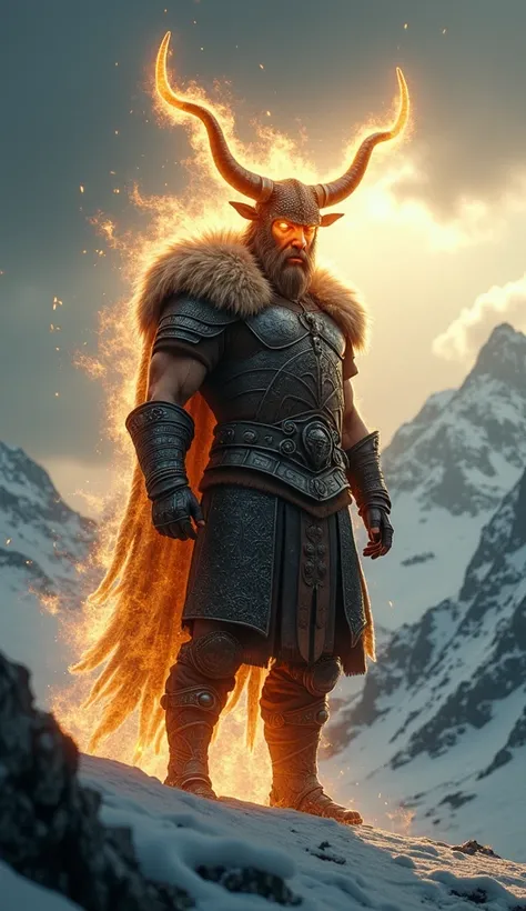 A fierce Viking warrior standing in a rugged Nordic landscape, seamlessly fused with the ethereal spirit of a bull. The warrior wears traditional Viking armor with intricate engravings and a fur-lined cape, and his form blends with the glowing, translucent...