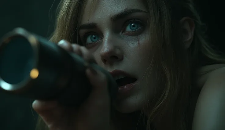 A close-up of a blond woman named Mallory’s face, awide-eyed and filled with horror, as she peers through her telescope and sees an impossible, unholy presence staring back at her.