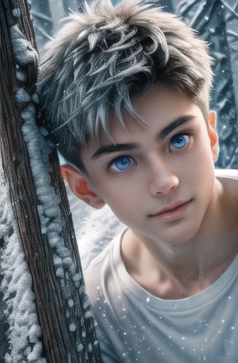 Human-boy, 18-years old boy, ethereal beauty, white messy hair, blue-colored eyes, (deep blue eyes, finely detailed blue eyes, beautiful cosmic eyes), (detailed face), pale skin, (white skin), ethereal beauty, defined body, (detailed body:1.4), wearing onl...