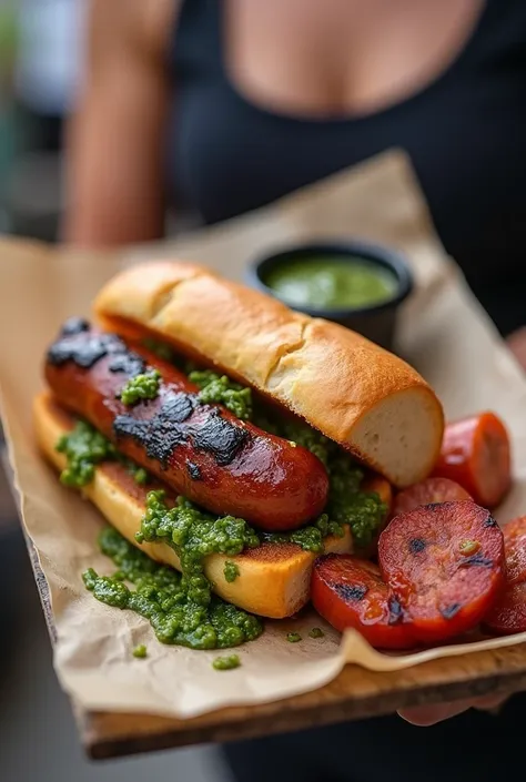 Choripan being served at a simpler food market with chimichurri with deconstructed chorizo