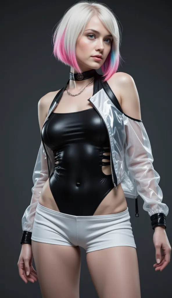 "Ultra-high resolution, UHD, ultra-detailed, hyper-realistic skin texture, high-quality rendering, photorealistic portrait of a character named Lucy from cyberpunk edge-runner, . She has a choppy bob hairstyle with asymmetrical, pure white hair styled in l...