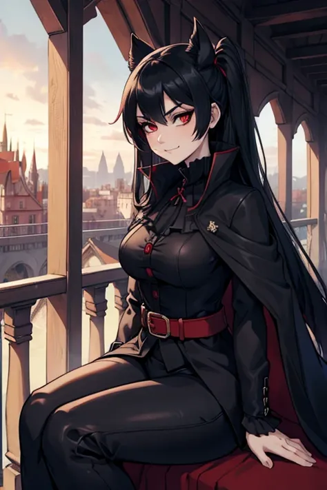 Digital Anime Art, HD, High Quality, Gothic, adult female, pale skin, long raven black hair, red eyes, large breasts, a long black cape, black jacket with crimson buttons, white frilled shirt, black pants with a crimson belt, black gloves, sitting on the a...