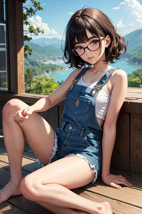 of the highest quality，masterpiece，of the highest quality，(Popart style),flat color，funny, honor student, s，Glasses，short length，Curly hair, Brown hait, romantic, blunt bangs，thick eyebrows，Girl wearing an demin overalls shorts、tank top, lying down with a ...