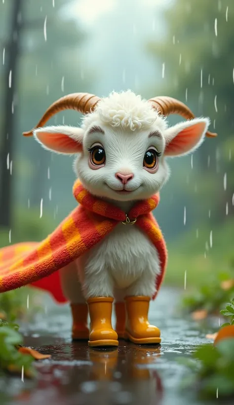 Mini goat with cape and rain boot in the rain