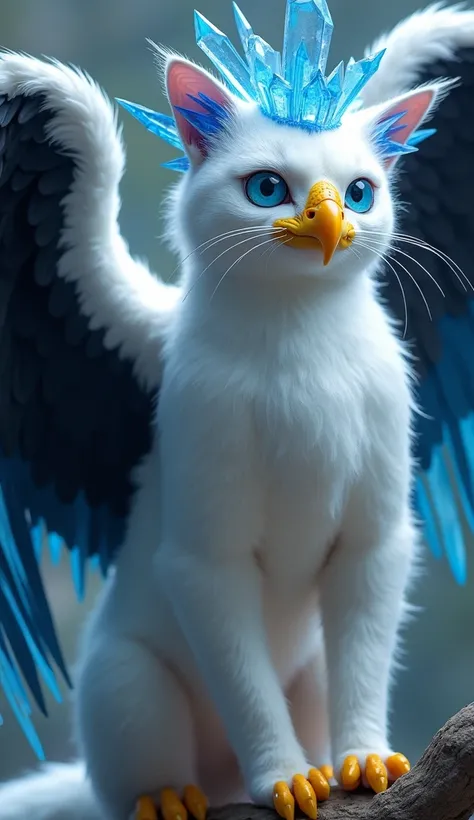  cat-bodied creature ,  through the white , muscular,  with blue eyes, yellow eagle beak ,  very large wings with black and blue crystal feathers,  long syrup with blue and black crystal feathers on the tip of the syrup,  crown of floating blue crystals on...