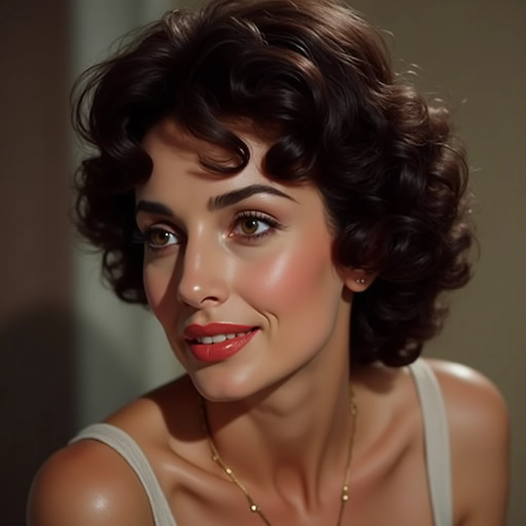 Portrait shot of a 40 year old Elizabeth Taylor, short brunette curly hair. Parted lips