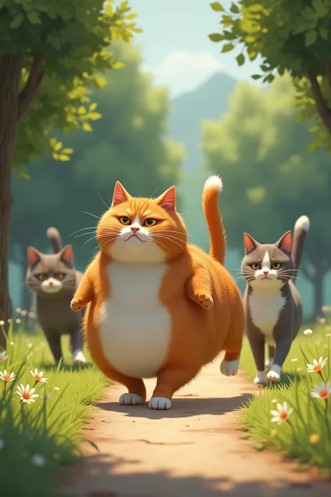 Visual: Kitty waddles out into the park, trying to join other cats playing. A few fit, sleek cats (with slimmer builds) snicker and point at Kitty as he struggles to keep up. His belly shakes as he walks, and he looks embarrassed.
Text/Voiceover: "But Kitt...