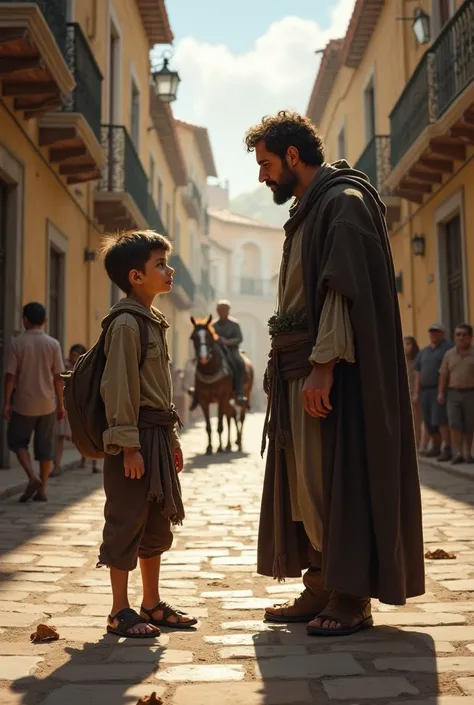 Create a beggar boy , talking to a clergyman in his 30s in Maqueda