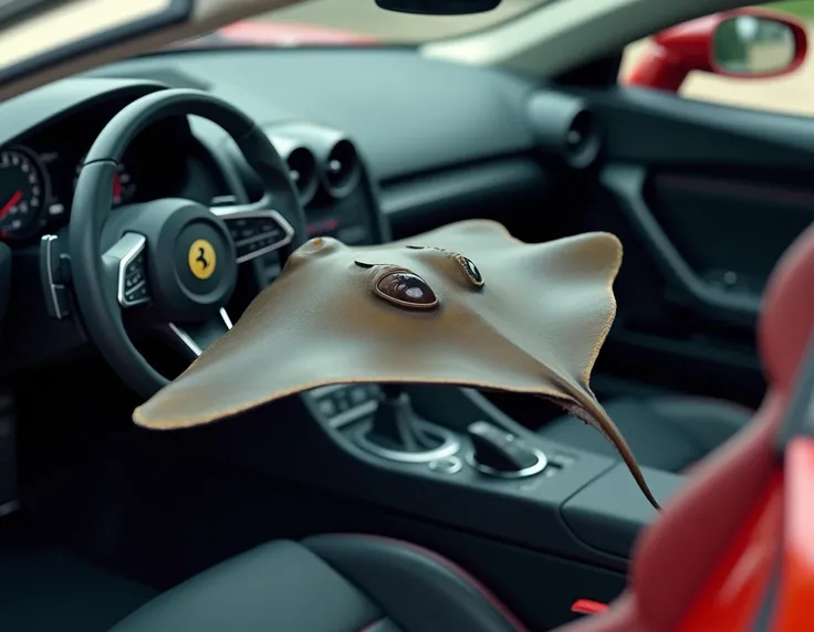 a realistic Stingray sitting in a sports car, with one of its fins touching the steering wheel
