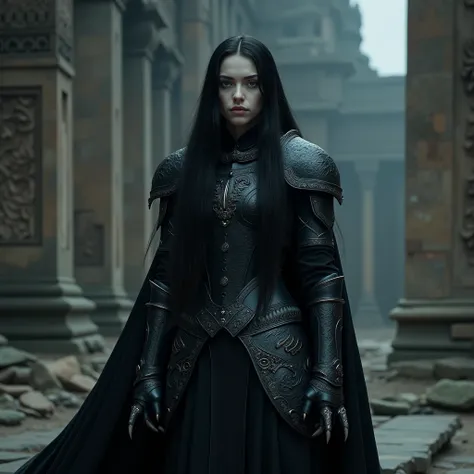 “A young woman with extremely pale skin and long, straight hair, black as night, wearing intricately detailed black armor. She stands before an ancient temple with imposing stone columns and detailed carvings, part of it in ruins, shrouded in dark mist, cr...