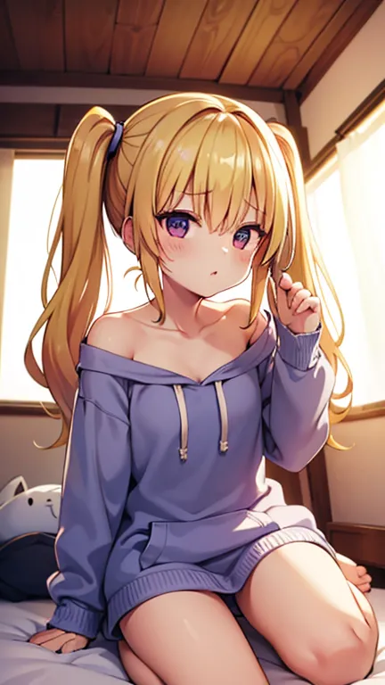 a small-breasted girl relaxing in her room completely naked and wearing a baggy hoodie、blonde、 twin tails、prone、looking away、che...