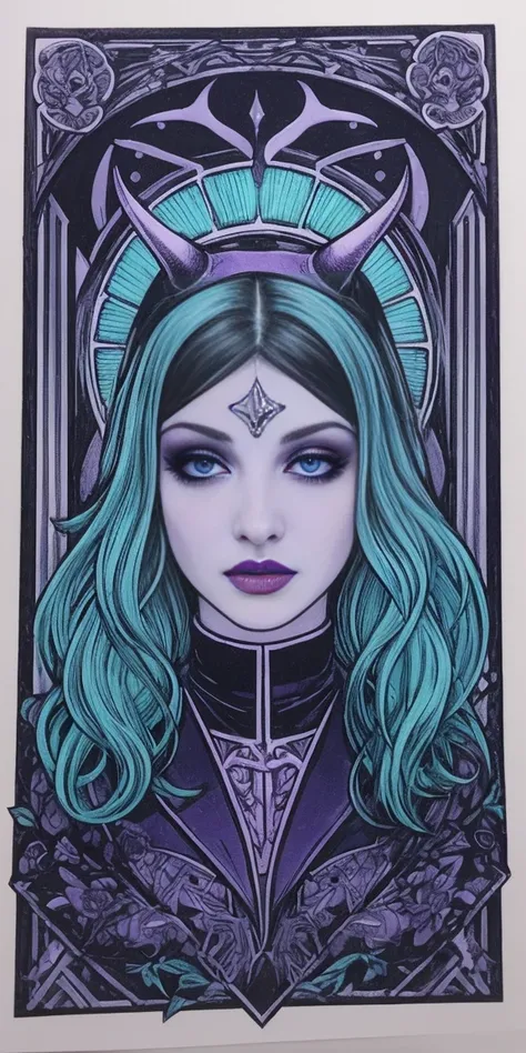 (limited palette:neon blue and violet ),sexy nun, bare chested, devil horns (large), highly detailed, dmt, witch, geodes, glowing eyes, light flowing in and out of her body, flowing glowing water, metal, frog, art nouveau