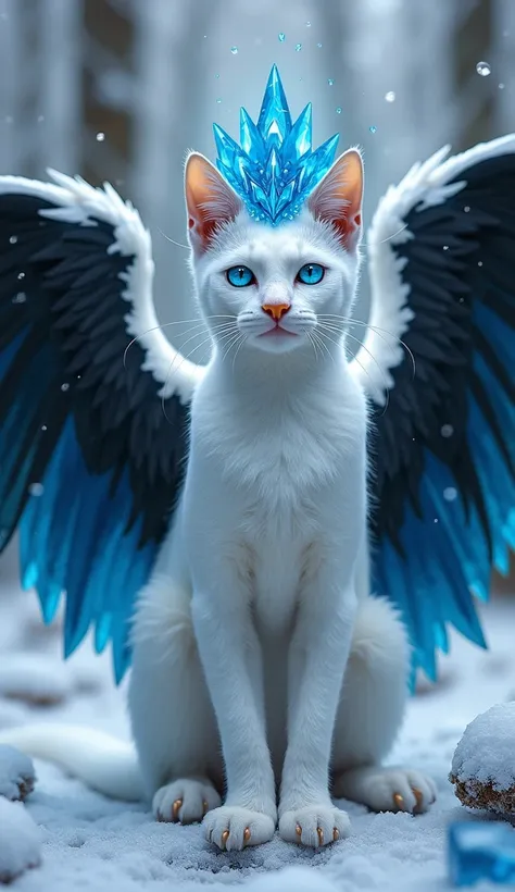  cat-bodied creature ,  through the white , muscular,  with blue eyes, yellow eagle beak ,  very large wings with black and blue crystal feathers,  long syrup with blue and black crystal feathers on the tip of the syrup,  crown of floating blue crystals on...