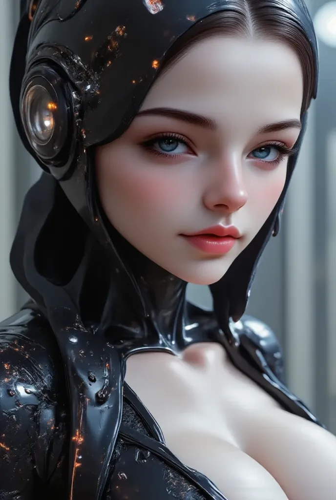 ((of the highest quality)), ((​master piece)), (detail:1.4), Translucent black material with mechanical parts and transparent skin, Beautiful woman in cyber bodysuit made of gray carbon material, Glowing pale with LEDs, ((Wide open chest)), Skin of the hip...