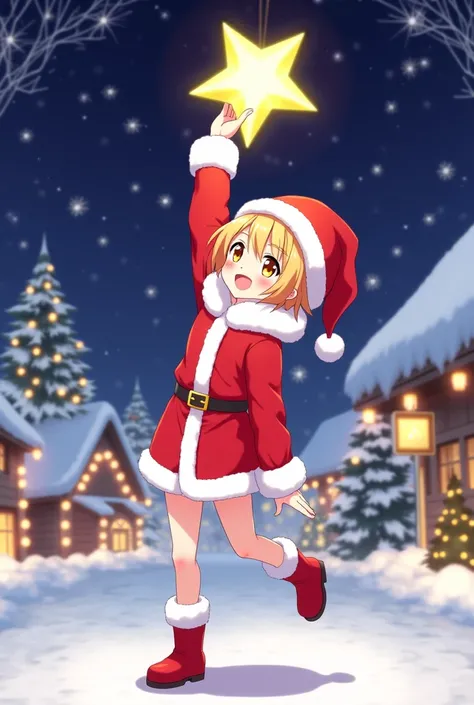 Sosho Hinata animated in Santa Claus costume topping off a Star in the air