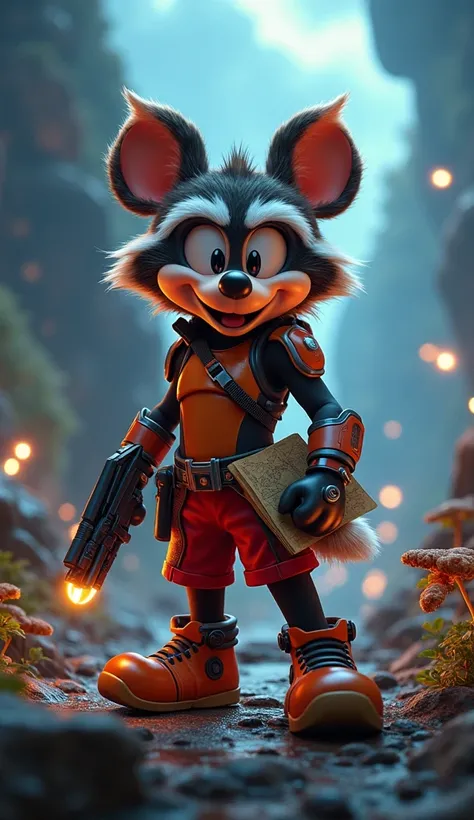 **Mickey Rocket, a hybrid of Mickey Mouse and Rocket Raccoon, standing in an action-ready pose on a rocky alien terrain, this character has the small, iconic mouse ears and face of Mickey, combined with Rockets sharp features, fur, and agile build, wearing...