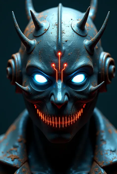 A metallic horror mask with a futuristic and sinister design, highlighted by neon elements. It should have a polished finish with rusty parts and blue and red fluorescent details. The contour of the eyes must have an intense shine, as if possessed, and a t...