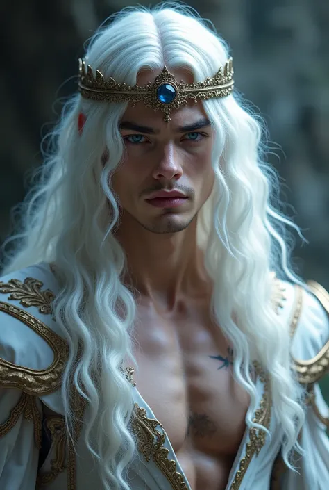 A man ca . 30 years old.  snow-white long hair .  A small crown tiara with a sapphire on the head.  Dark blue slightly cat-shaped eyes . Long eyelashes.  Beautifully shaped mouth , square chin ,  high cheekbones,  a birthmark on the left over the lips . li...