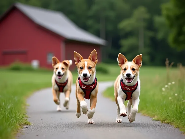 3 young  pups running on a curved paved trail that leads away from a  red barn to the right of the picture.  The barn is on the left in the background of the picture and the pups are running to the right on the track away from the barn.  around the trail i...