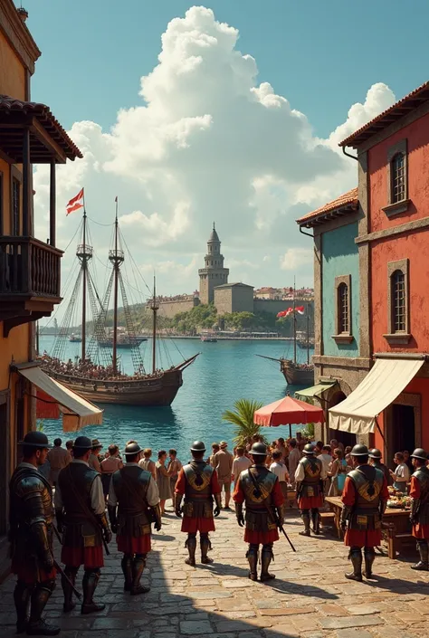 A historic scene depicting the Dutch Redemption in Recife, pernambuco, in the 17th century.  The image shows a bustling port with Dutch ships ,  soldiers with armor typical of the time ,  and leaders discussing strategies . In the background,  a view of Fo...