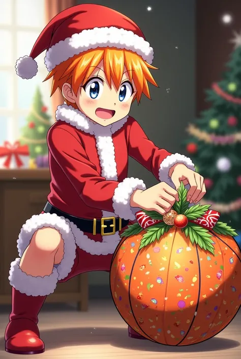 Shoyo Hinata animated in Santa Claus costume topping off a ball