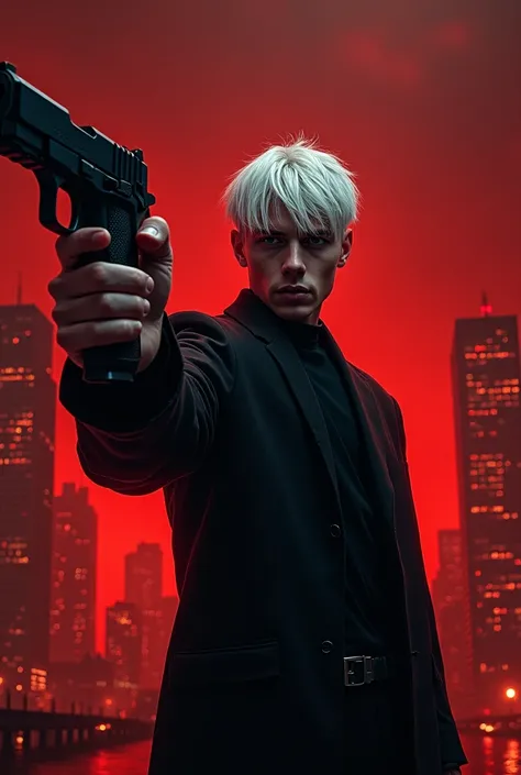 A white-haired young male figure holding a gun upside down, dark background and the city of Chicago in the background . red and black colors.