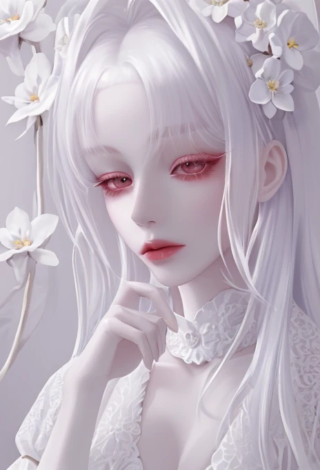 ,  white hair, light crimson eyes , sharp features, feminine Korean features,  white skin , a flower in the hair,  white skin  de porcelana pálida, pale porcelain skin,  white skin  de porcelana,  pale milky white porcelain skin , pale and shiny skin. whit...