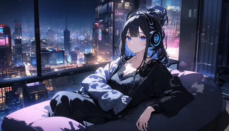  high definition , Very delicate,  super detailed,8k detailed２０One woman in her late twenties, (( beautiful symmetrical face )) （blue eyes))　((( semi-long、 glossy black hair))) (Black casual loungewear、Wearing tights、Moe sleeves) ((The headphones are worn ...