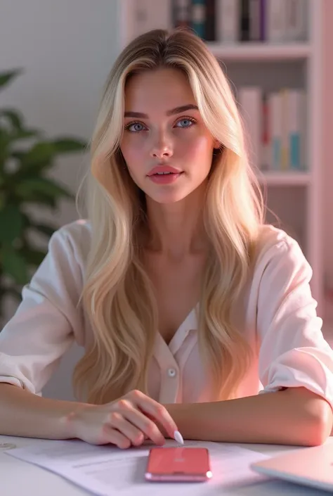 Light-skinned Russian woman , blue eyes,  long, straight blond hair with details , striking look, delicate smile,  sitting at a desk in her room with several books on the table, medical course handouts ,  pink iPhone on the bench ,  in an all-white room wi...