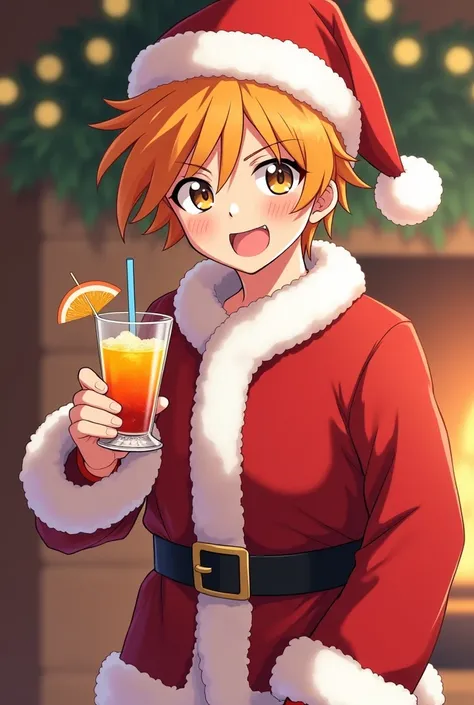 Shoyo Hinata animated in Santa Claus costume holding a shot