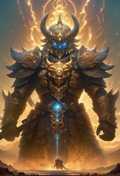 A mind-blowing ancient heroic warrior stands tall, clad in intricately designed battle armor that fuses golden inlays and obsidian plates, glowing faintly with mystical runes. His armor reflects the wear of countless battles but emanates an aura of undying...