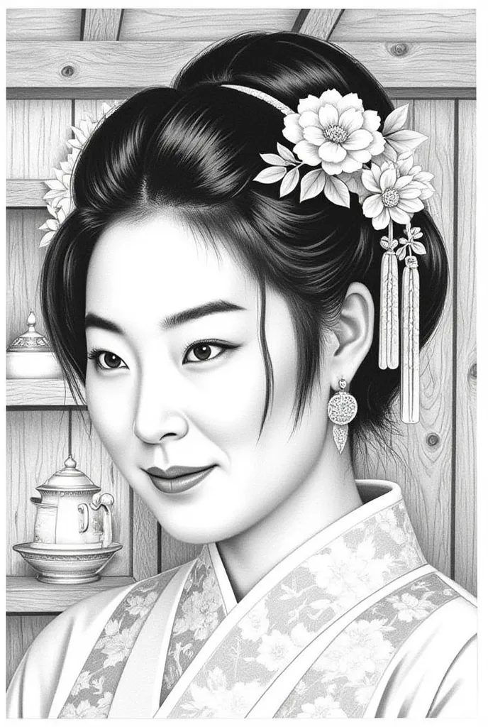 japanese lady in the wooden house ,pencil drawing ,wong-chan-flux