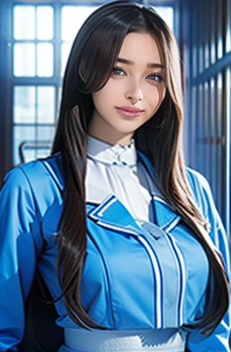 there is a nurse in the hospital wearing a light blue nurse uniform、Beautiful, long legs 、Blue long hair、 thin waist、 blue stockings 、Smiling Kindl