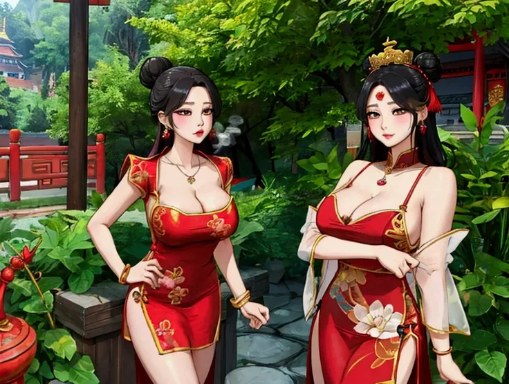 a girl chinese dress, big breasts, china fantasy, chinese dress, cleavage, split thigh dress, hair bun, crown, hairpin, necklace, bracelet, earrings, smoke pipe, nature background, standing