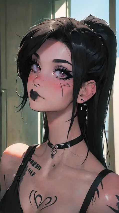 ((((masterpiece, best quality, high resolution)))), Extremely detailed 8K, Beautiful girl with slender body, e-girl, milkgore, tik tok girl, medium breasts, black hair, ((tattoos, septum piercing, goth makeup, nose blush))
