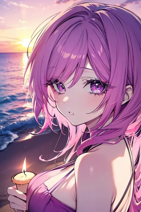 a beautiful woman with pink and purple hair, wearing a sexy dress, long eyelashes, sunset on the beach, candles, detailed eyes, detailed face, detailed lips, 1girl, high resolution, 8k, best quality, masterpiece, photorealistic, vivid colors, dramatic ligh...