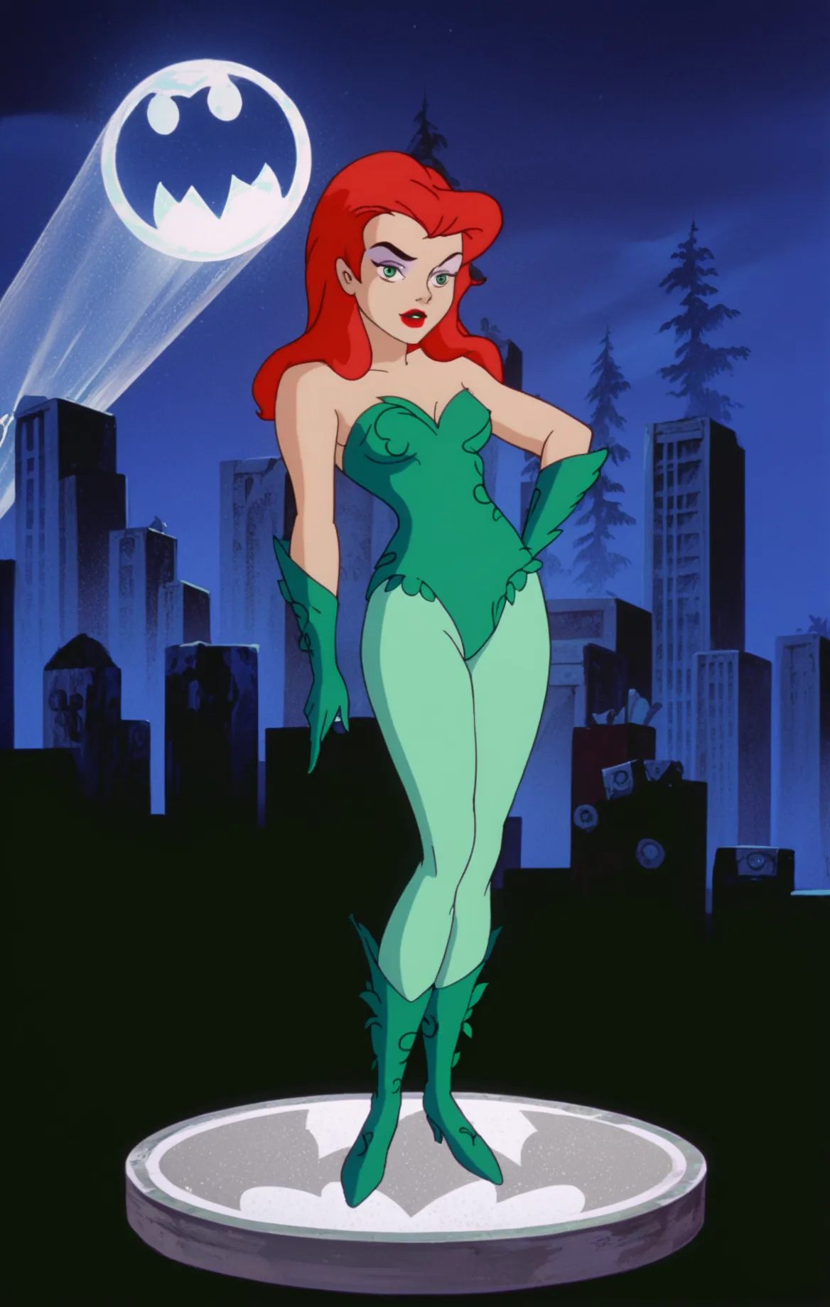 score_9, score_8_up, score_7_up, zpdxl, poison ivy, sd90style, retro artstyle, source_cartoon, 2d, 1girl, green eyes, lipstick, ...