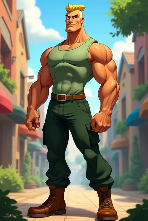 a muscular man with a blonde flattop hairstyle and blue eyes wearing a light green tank top, dark green pants and brown boots in disney style 