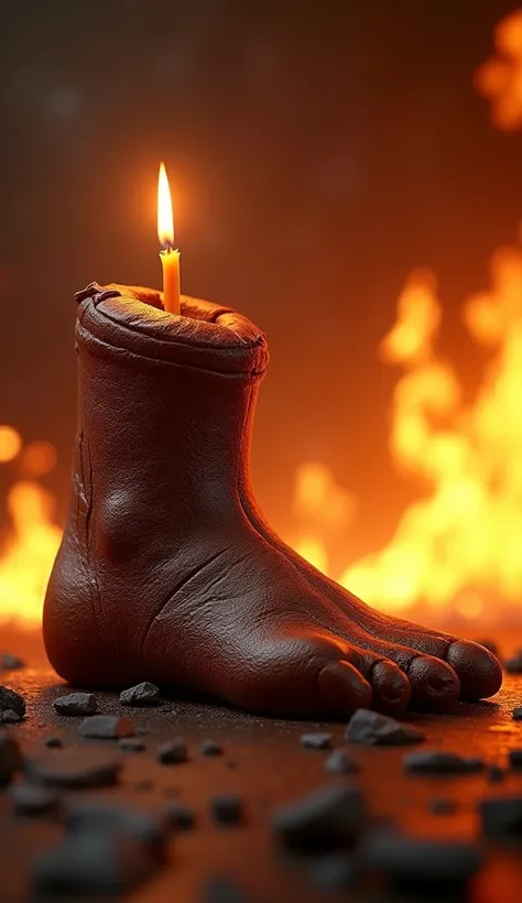 chocolate bread with candle，The shape of a human foot，Braving the heat，Highly detailed and realistic