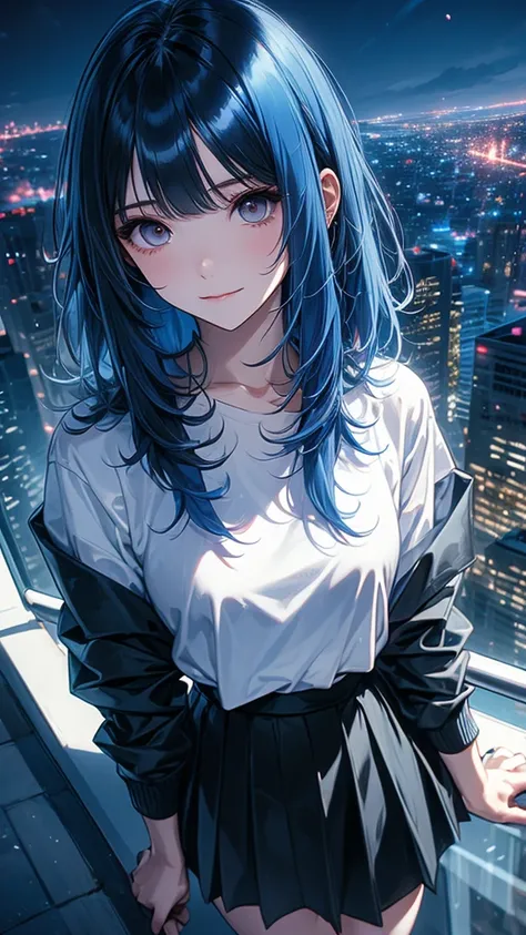 1 Girl, black_skirt,  blue_hair, architecture, City, Cityscape, hair_between_Eye, jacket, Check_exist_Check者, medium_hair, Colorful_hair, Multiple_The Boys, night, leave_Shoulder, exist户外, pleexisted_skirt, road, shirt, skirt, skyscraper,  Smile,  alone_Ke...