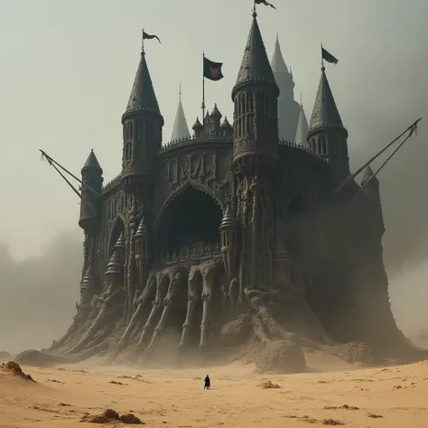 An enormous large moving castle made from bones and skeletons, eerie exteriors, towers, cannons, black flags, black haze, in the middle of a desert, 