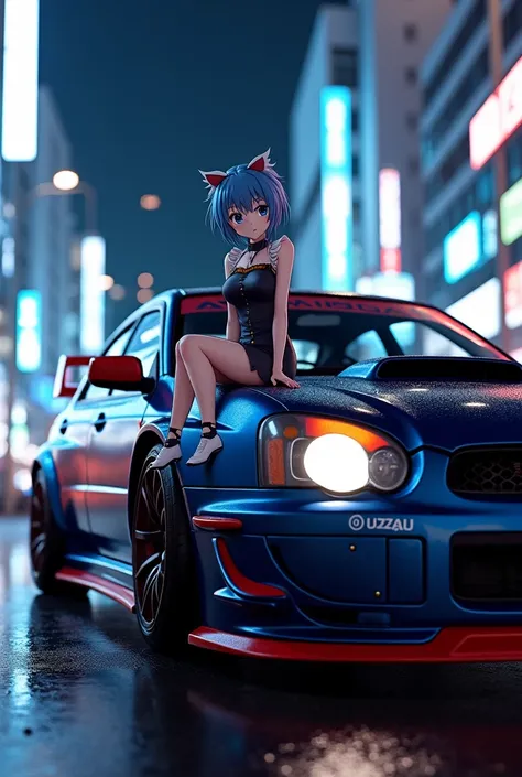 Subaru Impreza STI WRX 2004 diagonally at night in Tokyo with the character Rem from RE:Zero sitting on the bonnet 