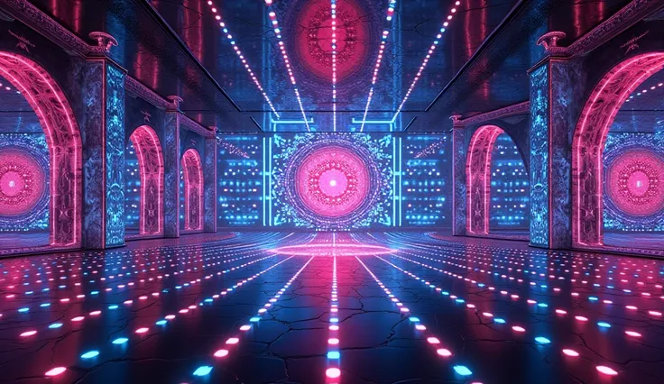 masterpiece,Super detailed, super high definition,16k,wallpaper, Installation Art,Draw a kaleidoscopic geometric pattern in a fully mirrored room,neon,sky,cyberpunk,