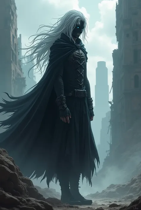  wasteland anime-style young man，Gray long hair，Wearing a mask，Wearing a black cape，Like a ghost，The identity is a computerist 