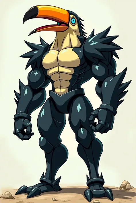 Humanoid toucan , irritated, Tall and strong, well-defined chest and arms, Thinner waist, muscular body, blue eyes, big,  large feathers, Black Feathers , seen from afar,  full-body vision ,  90s anime style ,  undersaturated colors , many hatches,  clean ...