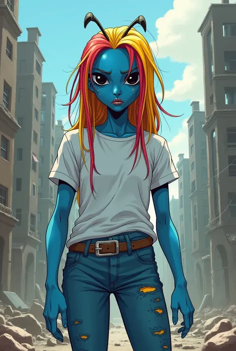 Young villain. Blue body with yellow, red, and orange highlights. Small build. Lithe. Long multicolored hair. Humanoid mantis shrimp. Black eyes. Small antenna. White shirt. Torn jeans. Annoyed expression. Comic style. Digital art. In a ruined city.